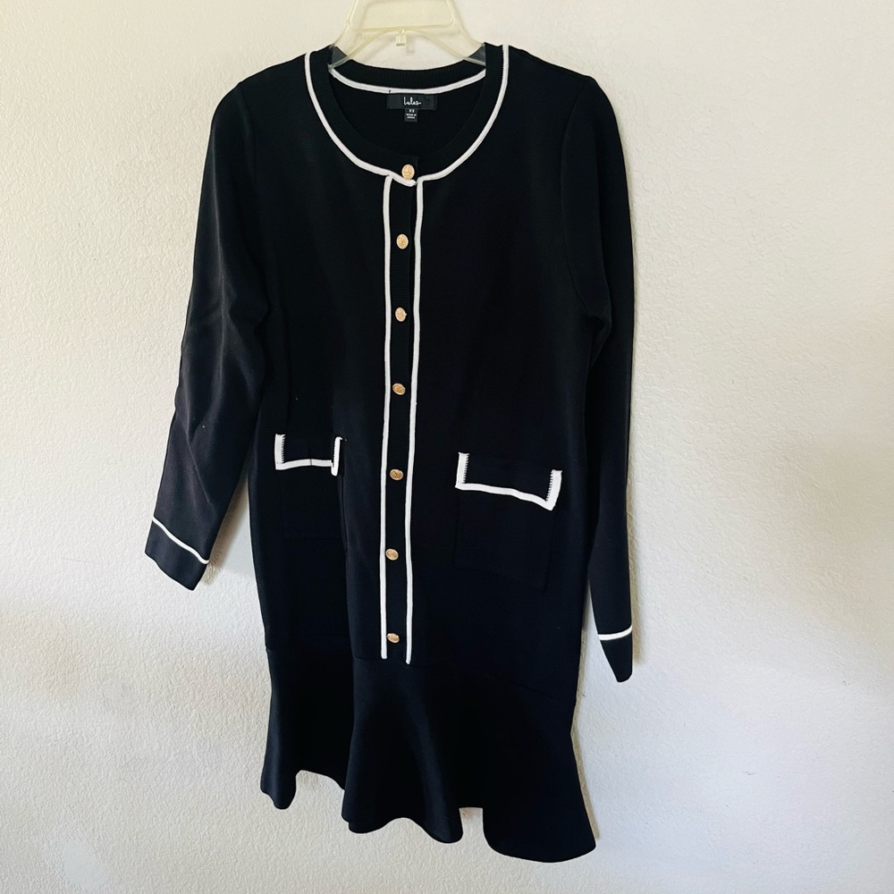 Lulu's Black Knit Button-Front Cardigan with White Trim